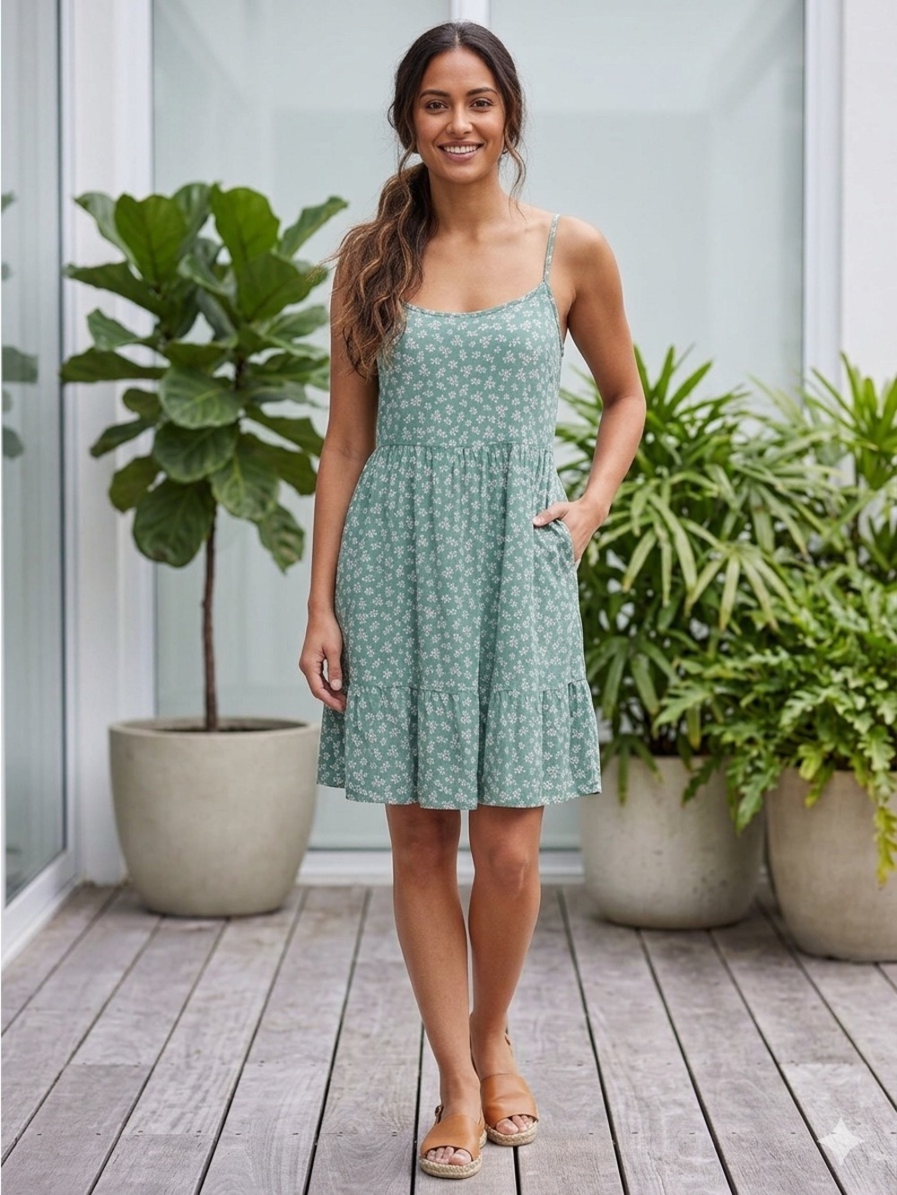 Aeropostale Dress Spaghetti-Strap Sundress Women's Size Small Green Ditsy Floral
